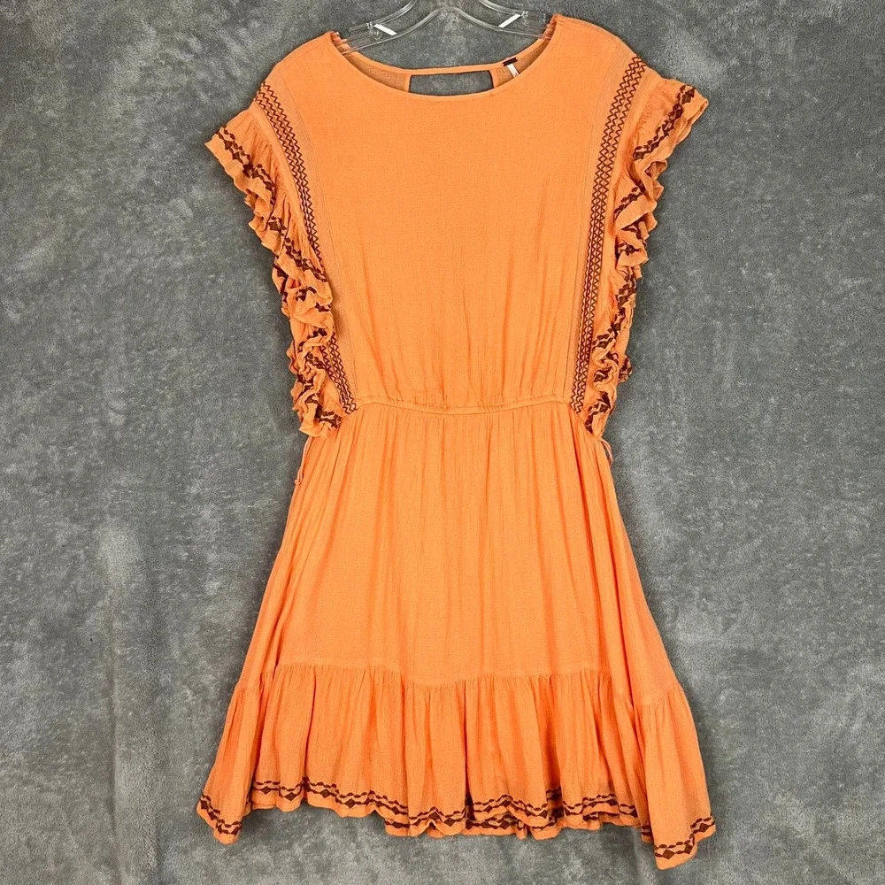 Free People Weekend Brunch Mini Dress Womens M Orange Embroidered Boho